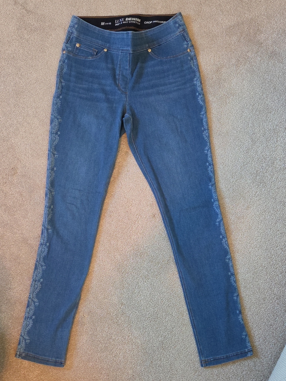 Peter Nygard Dark Blue Pull-on Skinny Jeans with Side Lace Print Size M (10-12)